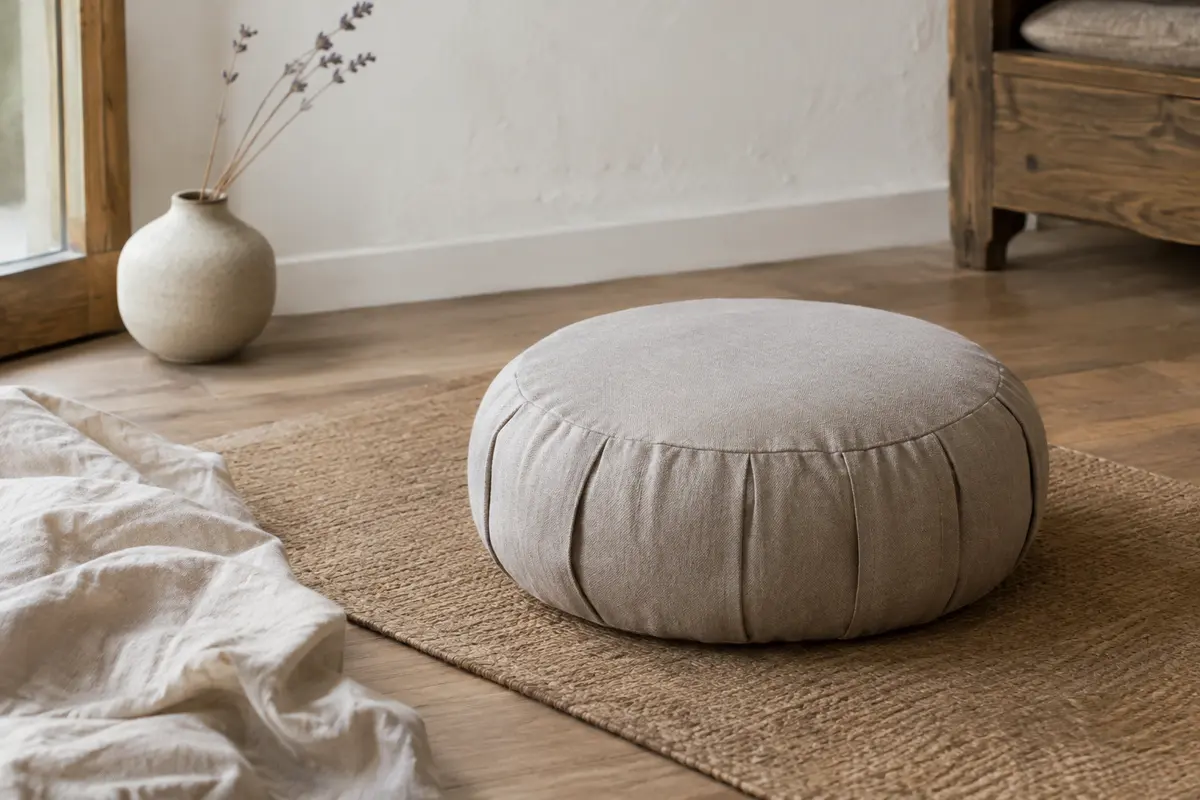 Coussin zafu rond en coton taupe clair posé sur un tapis dans un intérieur calme