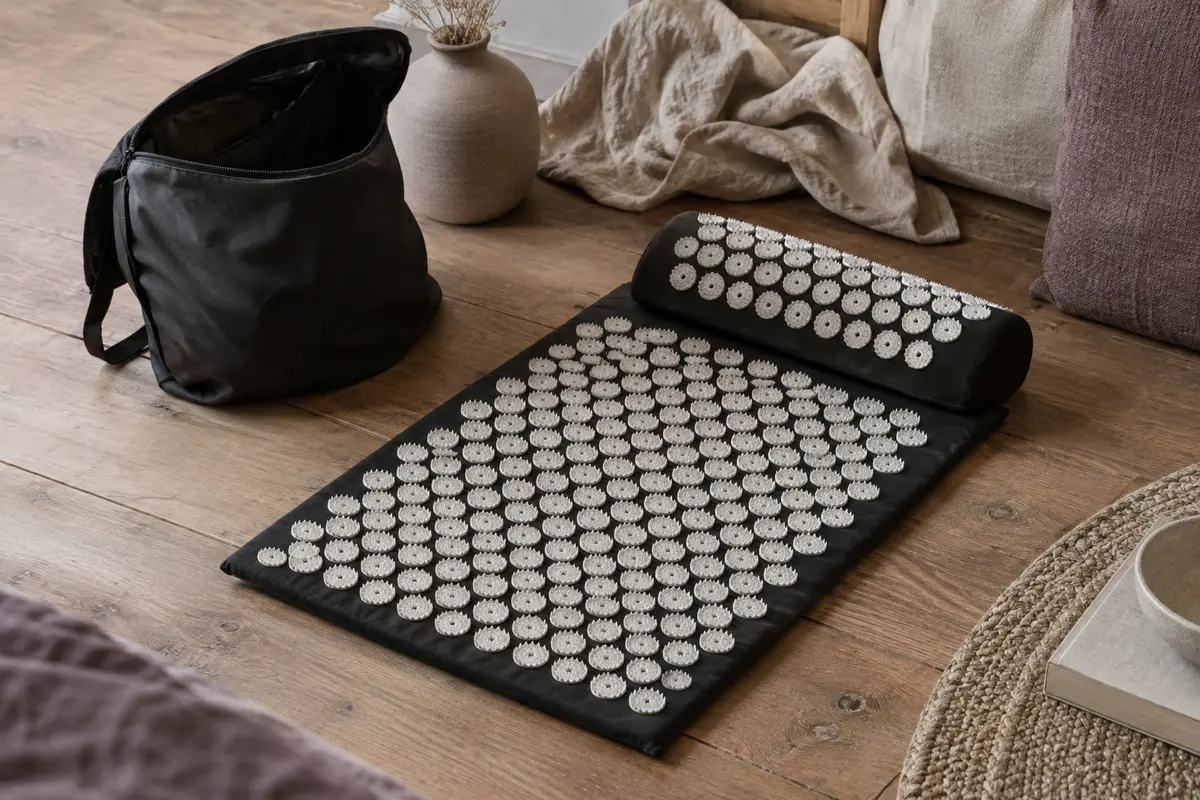 Tapis d’acupression noir et blanc avec oreiller et sac de rangement dans un intérieur calme