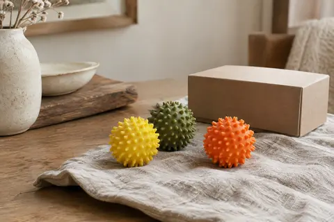 Trois balles de massage hérisson à picots, en jaune citron, vert olive et orange aurore.