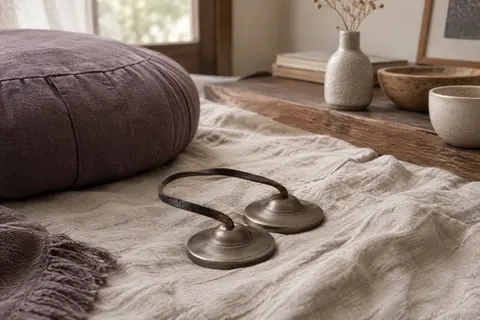 Paire de cymbales tingsha en métal mat avec bracelet en cuir, posée sur un tissu de lin.