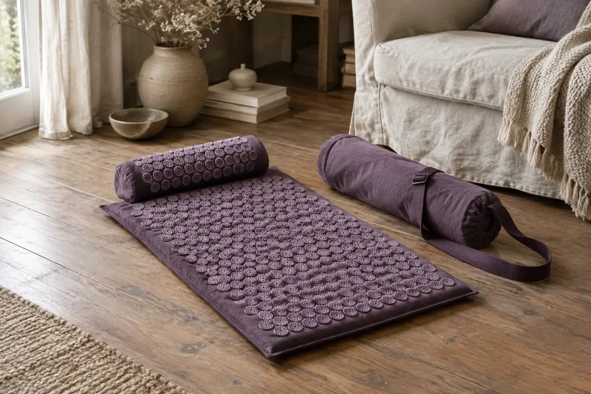 Tapis d’acupression violet avec oreiller assorti et sac de transport posé dans un intérieur calme