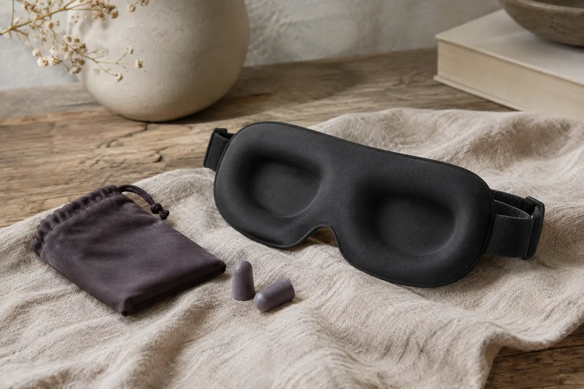 Masque de nuit noir 3D avec sangle réglable, pochette de voyage et bouchons d’oreilles en mousse