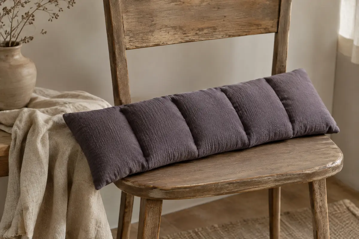 Coussin long en coton prune grisé à noyaux de cerise posé sur un fauteuil en bois