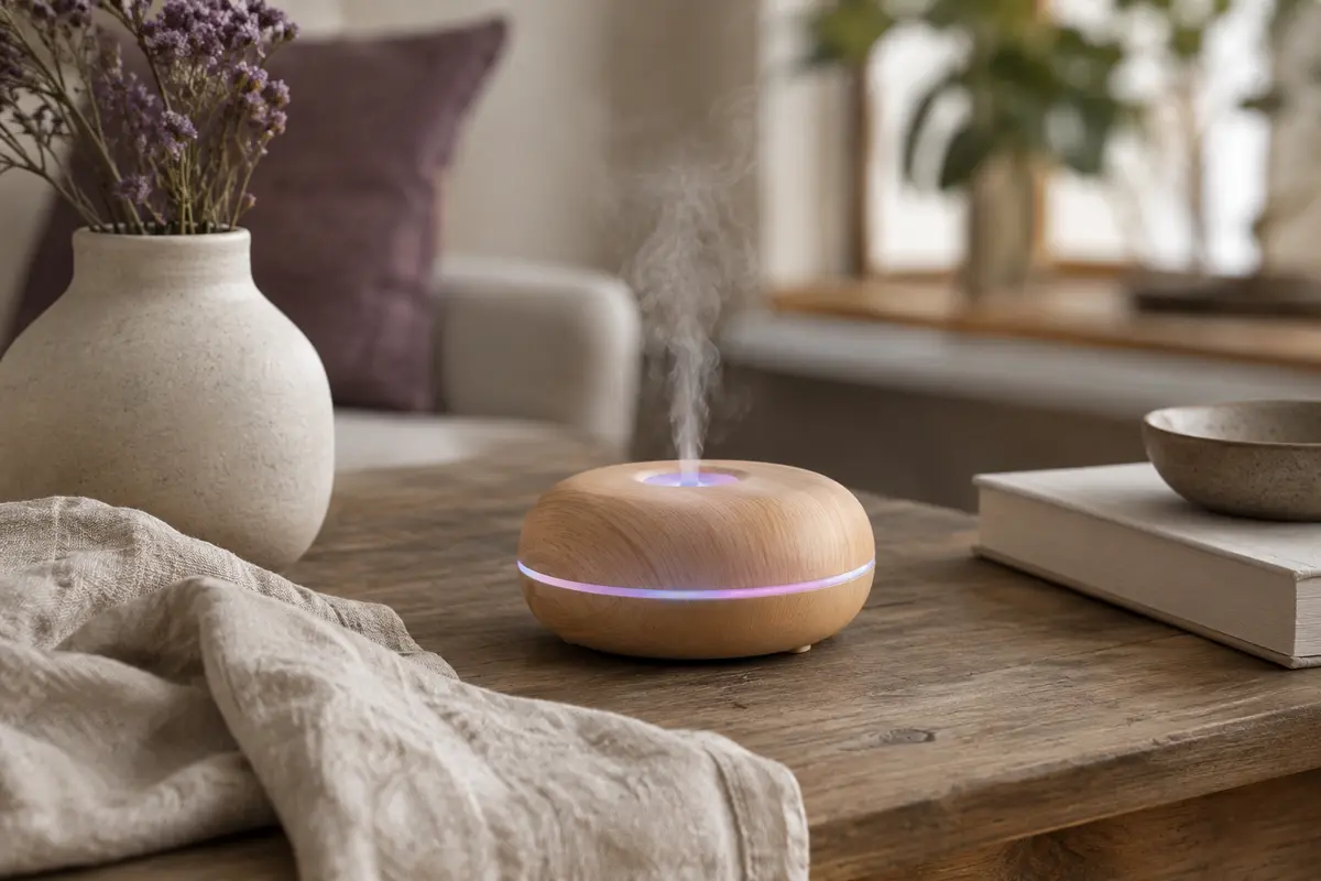 Diffuseur connecté Meross MOD150 en finition bois clair, avec brume ultrasonique et éclairage d’ambiance