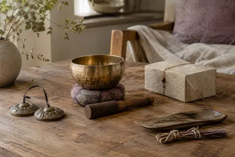 Bol chantant en bronze avec maillet, tingsha et accessoires d’encens disposés dans un intérieur calme