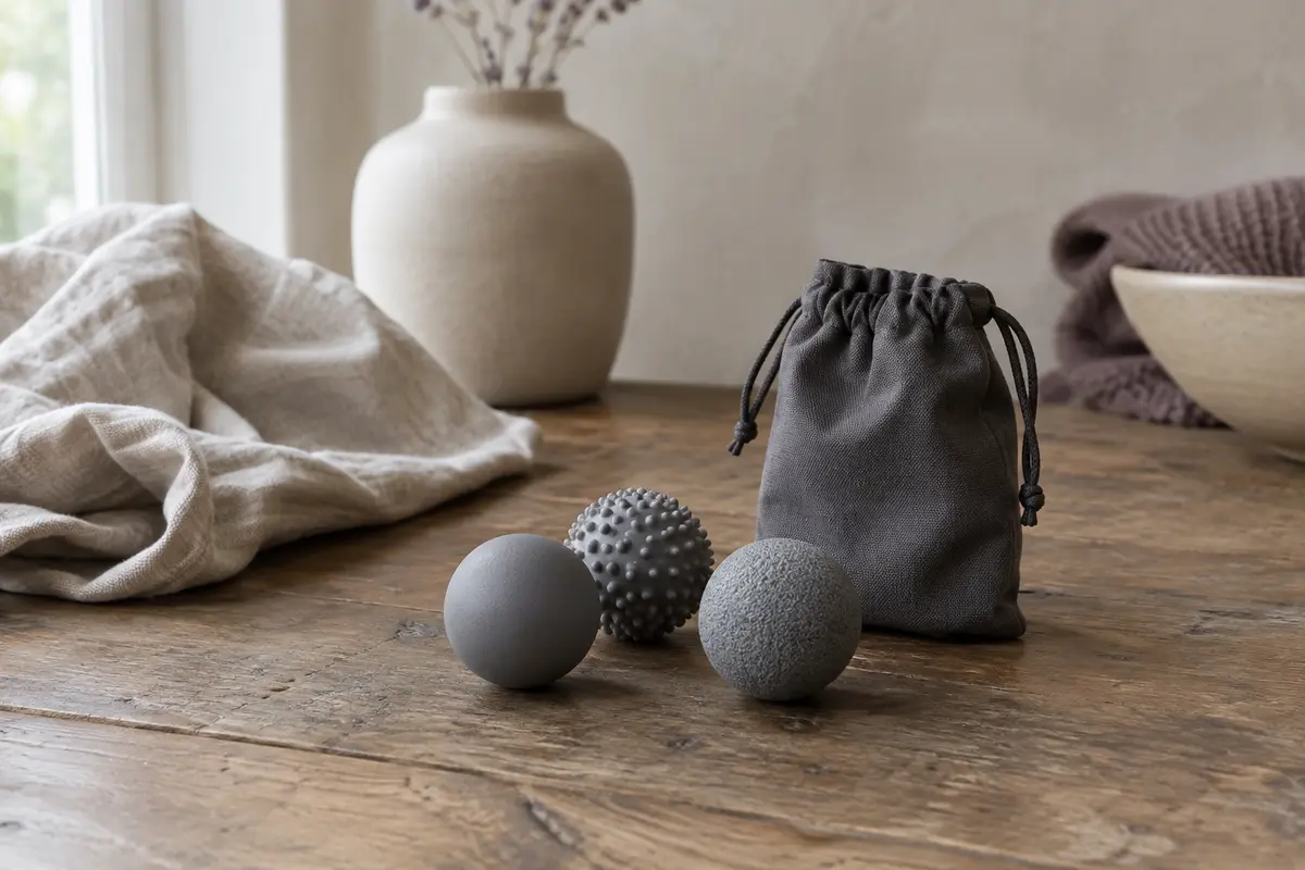 Trois balles de massage grises aux textures différentes posées près de leur sac de transport sur du bois