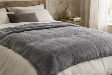 Couverture lestée grise en microfibre posée sur un lit aux draps ivoire dans un intérieur calme.