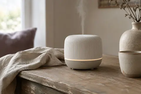 Diffuseur ultrasonique Pop en plastique, aux lignes parallèles, posé sur une table dans un intérieur calme