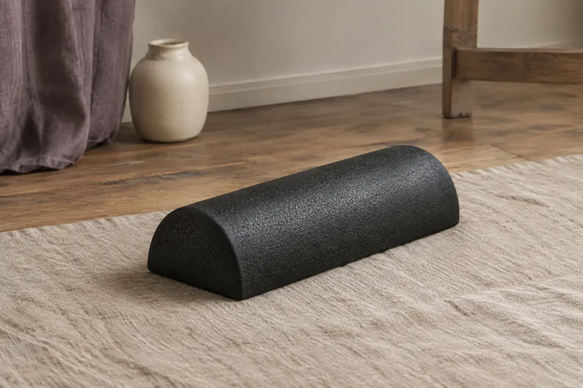 Rouleau de massage demi-rond noir en mousse EPP posé sur un tapis de lin dans un intérieur calme.