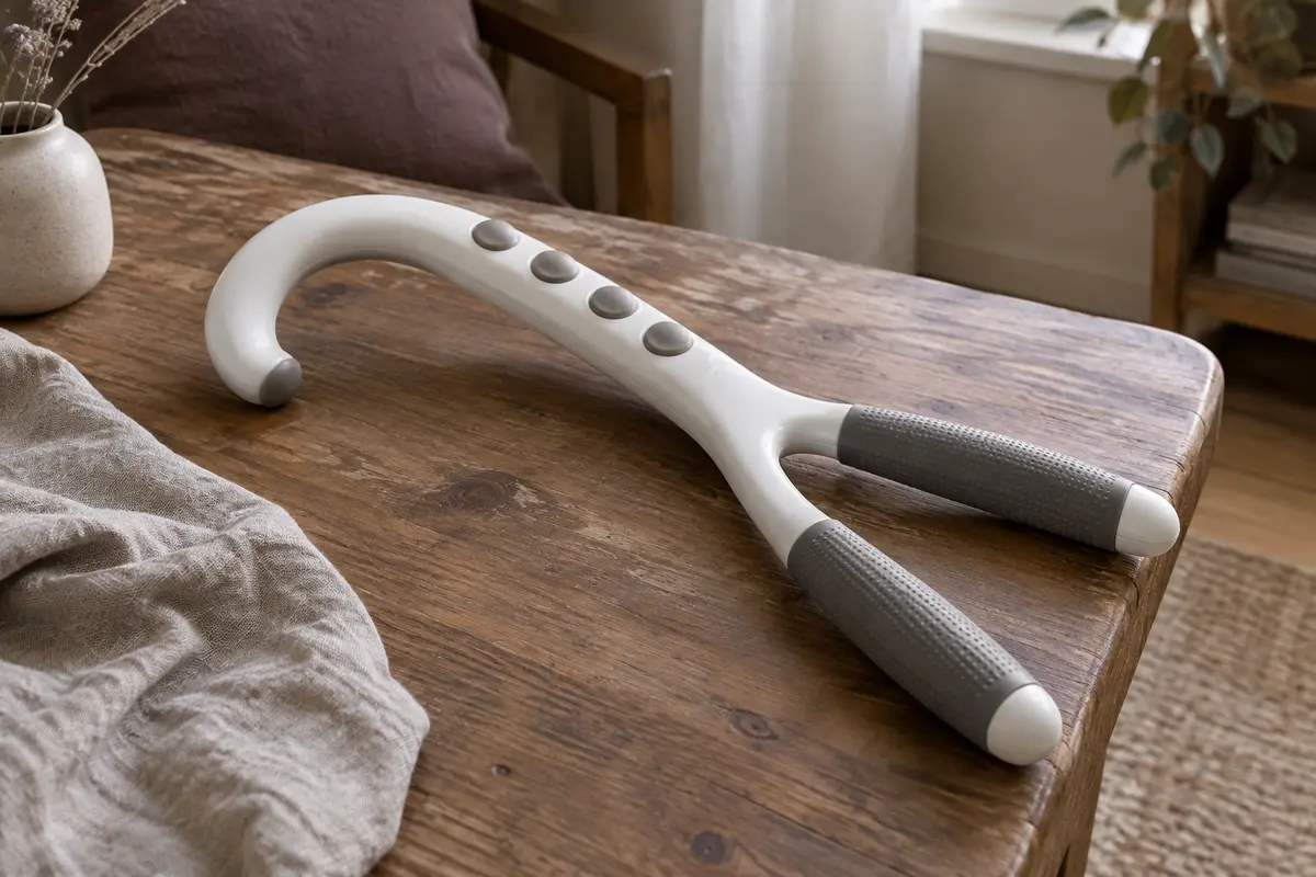 Canne de massage ProStretch blanche en forme de crochet, avec quatre boutons arrondis et deux poignées en caoutchouc