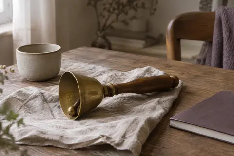 Clochette de méditation en laiton à manche en bois posée sur un linge de lin froissé