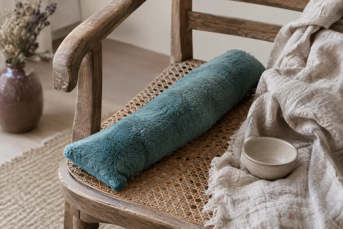 Bouillotte sèche Qomfor bleu-vert en polyester pelucheux posée sur un fauteuil près d’un plaid en lin