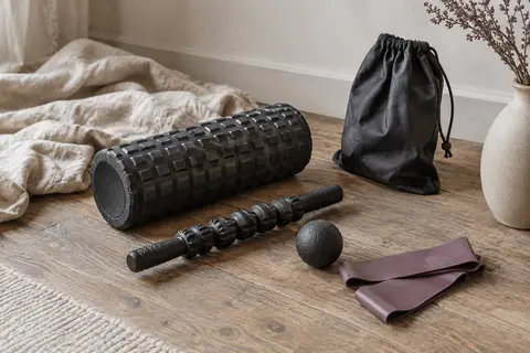Kit noir avec rouleau en mousse texturé, bâton à roulettes, balle, bandes d’exercice et sac de rangement