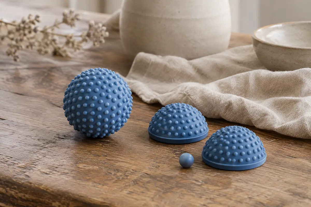 Balle de massage bleue en silicone à dômes, accompagnée de ses deux parties et du micro-rond intégré.