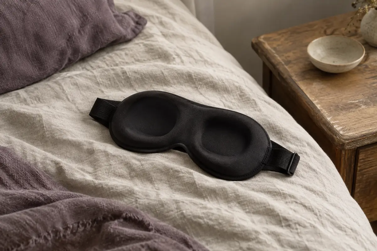 Masque de nuit noir à contour 3D posé sur du lin froissé dans un intérieur calme
