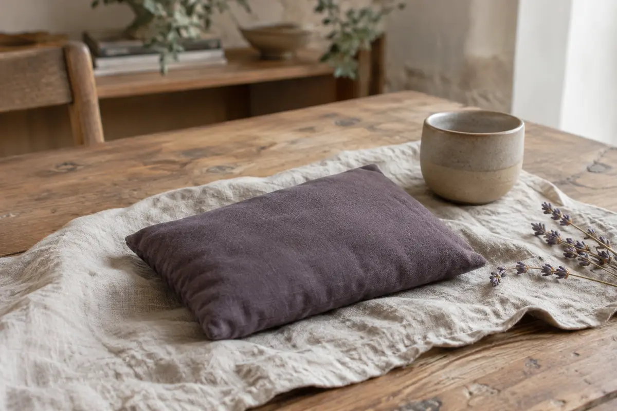 Bouillotte sèche Sakito en polycoton posée sur du lin froissé dans un intérieur calme