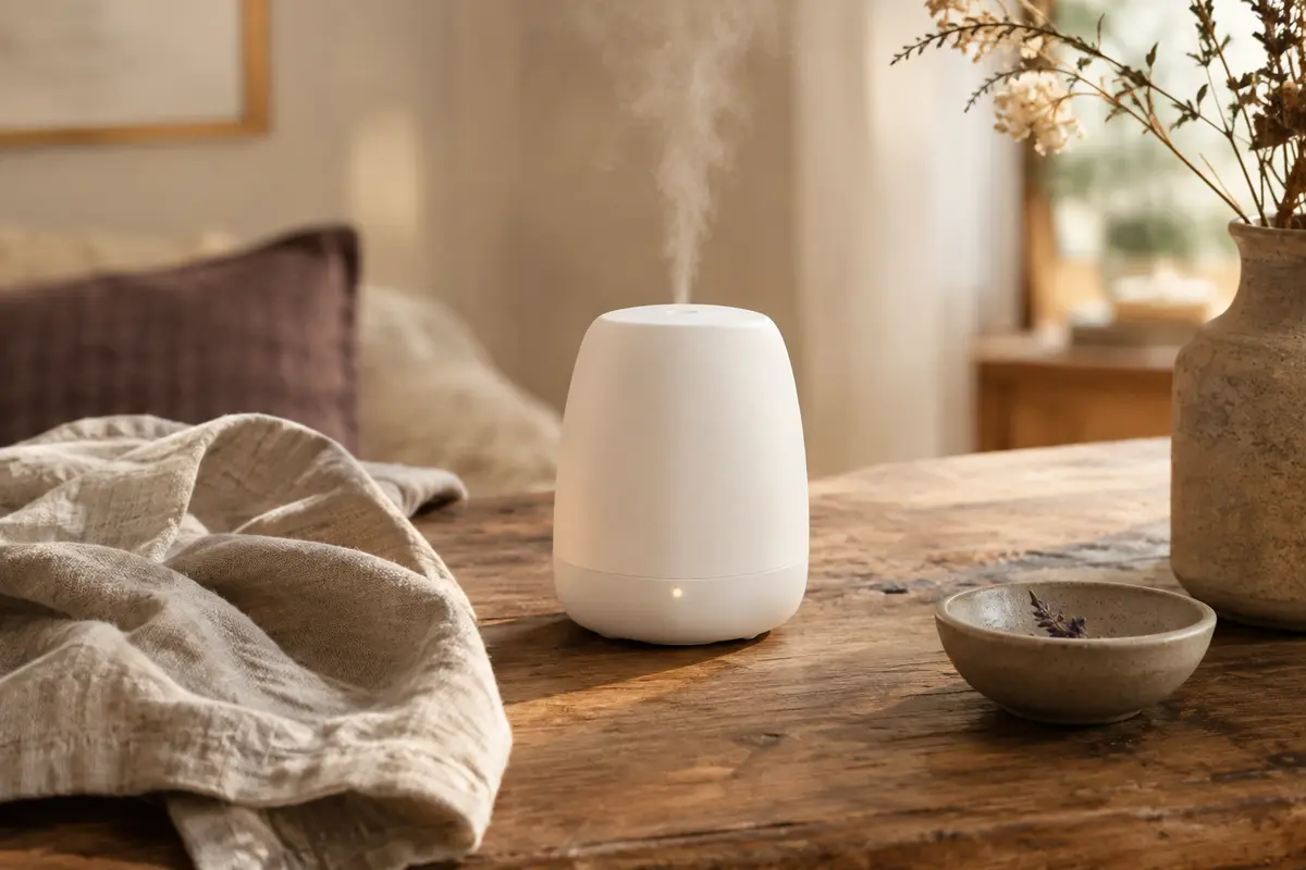 Diffuseur d’huiles essentielles blanc posé sur une table en bois, avec brume légère et lumière chaude