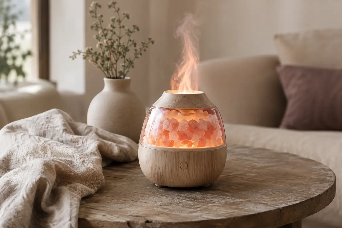 Diffuseur effet flamme à finition bois clair, avec brume lumineuse et cristaux de sel rose