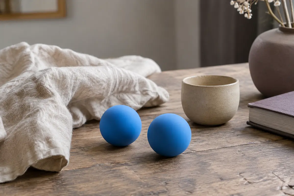 Deux balles de massage en silicone bleu posées sur du lin près d’un sol en bois patiné.