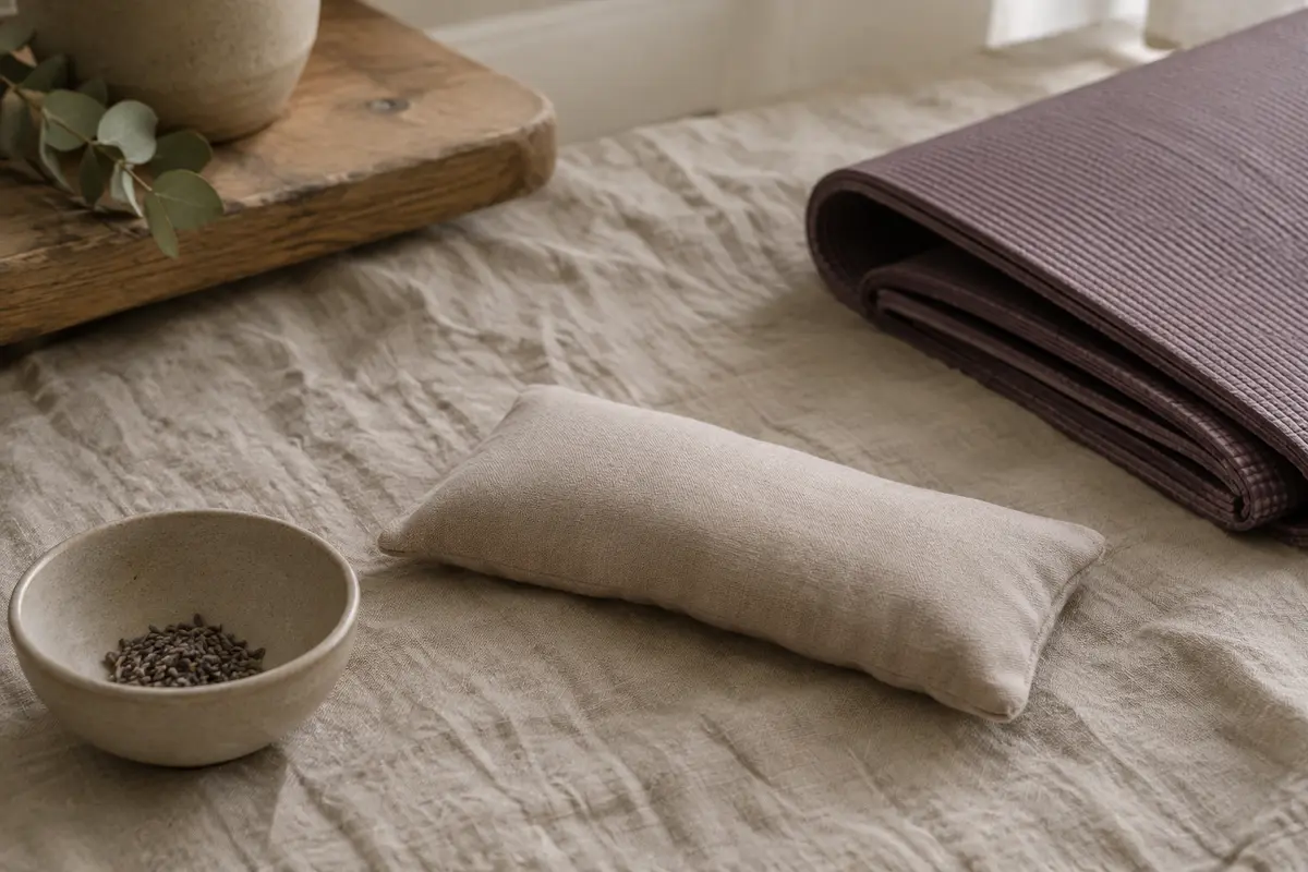 Coussin en coton garni de lavande et de riz posé près d’un tapis de yoga
