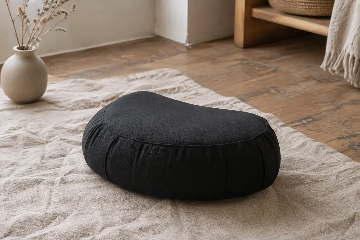 Coussin de méditation noir en demi-lune posé sur un tapis de lin dans un intérieur calme