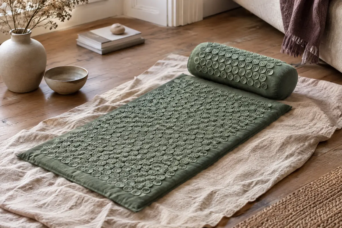 Tapis d’acupression vert et coussin assorti posés sur du lin froissé dans un intérieur calme.