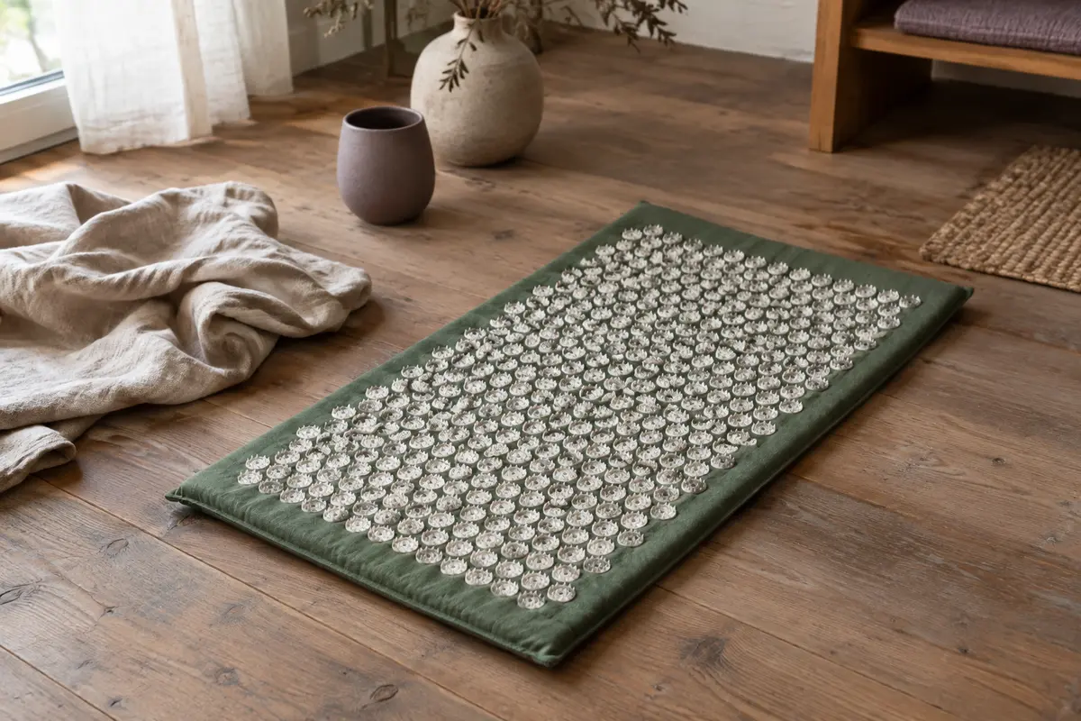 Tapis d’acupression vert à pointes posé sur un sol en bois dans un intérieur calme