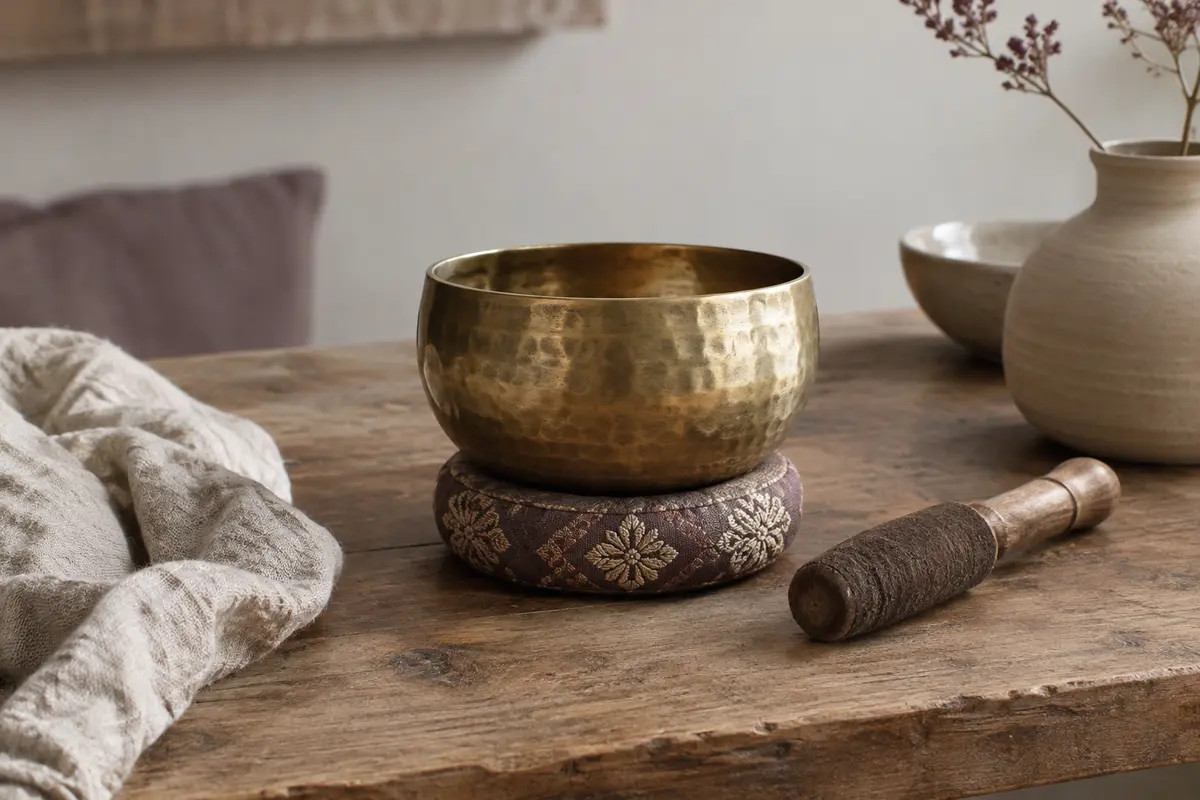 Bol chantant tibétain en bronze martelé avec son coussin de support et son maillet en bois