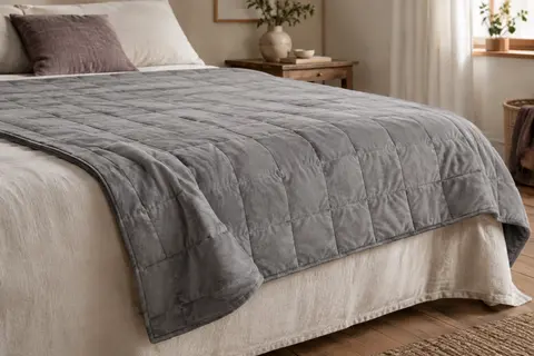 Couverture lestée grise en microfibre étendue sur un lit en lin dans un intérieur calme.