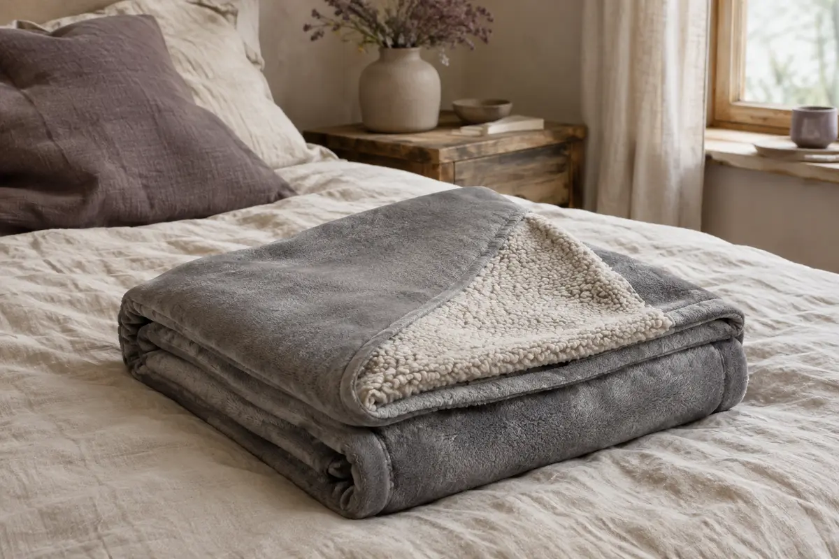 Couverture lestée réversible en polaire Sherpa et flanelle, posée sur un lit dans un intérieur calme.