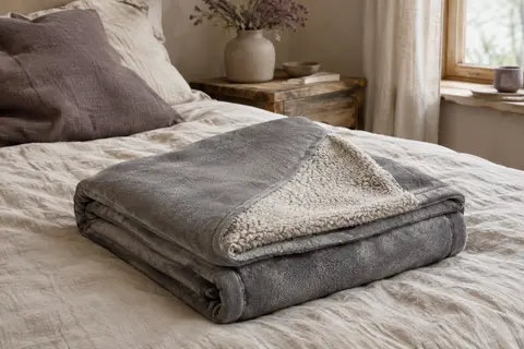 Couverture lestée réversible en polaire Sherpa et flanelle, posée sur un lit dans un intérieur calme.