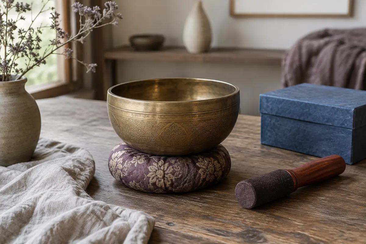 Bol chantant en bronze gravé sur un coussin brodé, avec son maillet et un coffret bleu en papier Lokta.