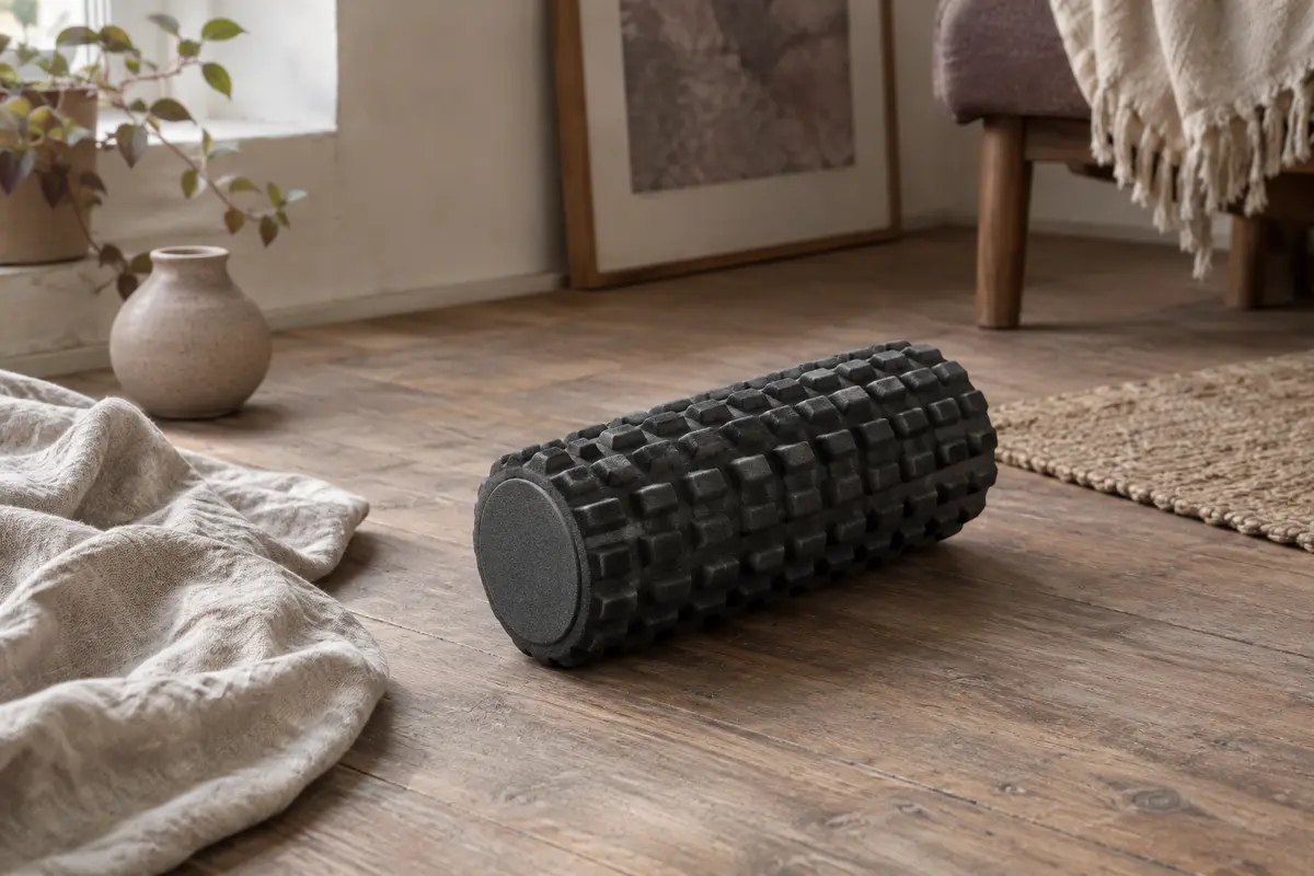 Rouleau de massage noir TriggerPoint Grid 1.0 à relief texturé posé sur un sol en bois près d’un linge de lin.
