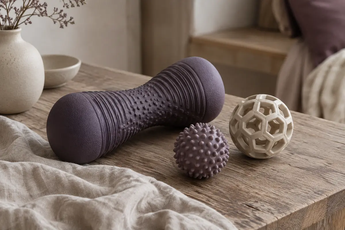 Rouleau de massage pour les pieds et deux balles texturées disposés sur du bois dans un intérieur calme