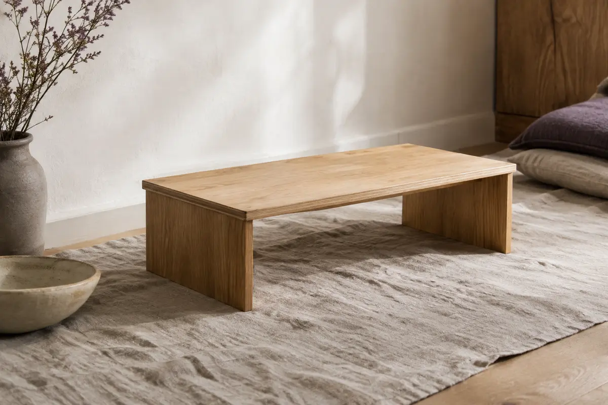 Banc de méditation bas en contreplaqué et chêne naturel posé sur un tapis dans un intérieur calme.