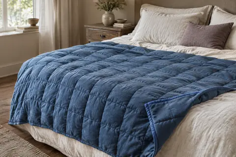 Couverture lestée bleue à poches matelassées, posée sur un lit dans une chambre calme.