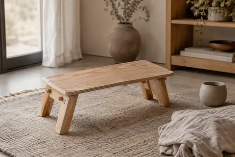 Banc de méditation démontable en bois contreplaqué et hévéa, posé dans un intérieur calme.