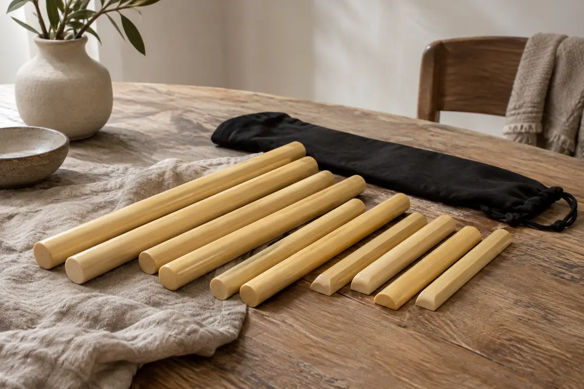 Ensemble de bâtons de massage en bambou de formes variées avec leur sac de rangement en coton noir