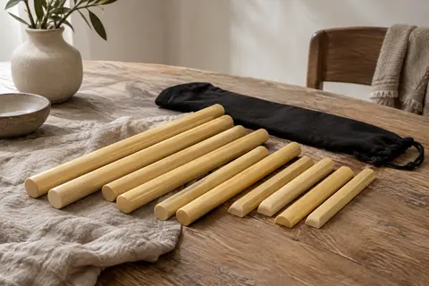Ensemble de bâtons de massage en bambou de formes variées avec leur sac de rangement en coton noir