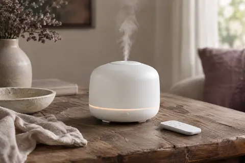 Diffuseur d’arômes blanc avec télécommande posé sur une table en bois, dans une lumière douce