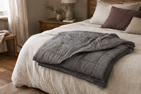 Couverture lestée grise pliée sur un lit sobre, avec son tissu texturé et ses coutures régulières
