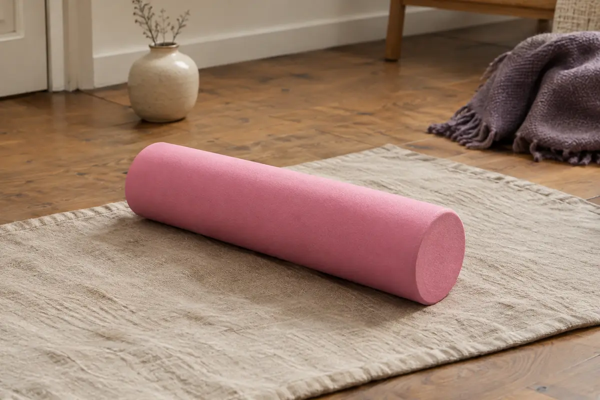 Rouleau de massage en mousse EVA rose posé sur un tapis en lin dans un intérieur calme