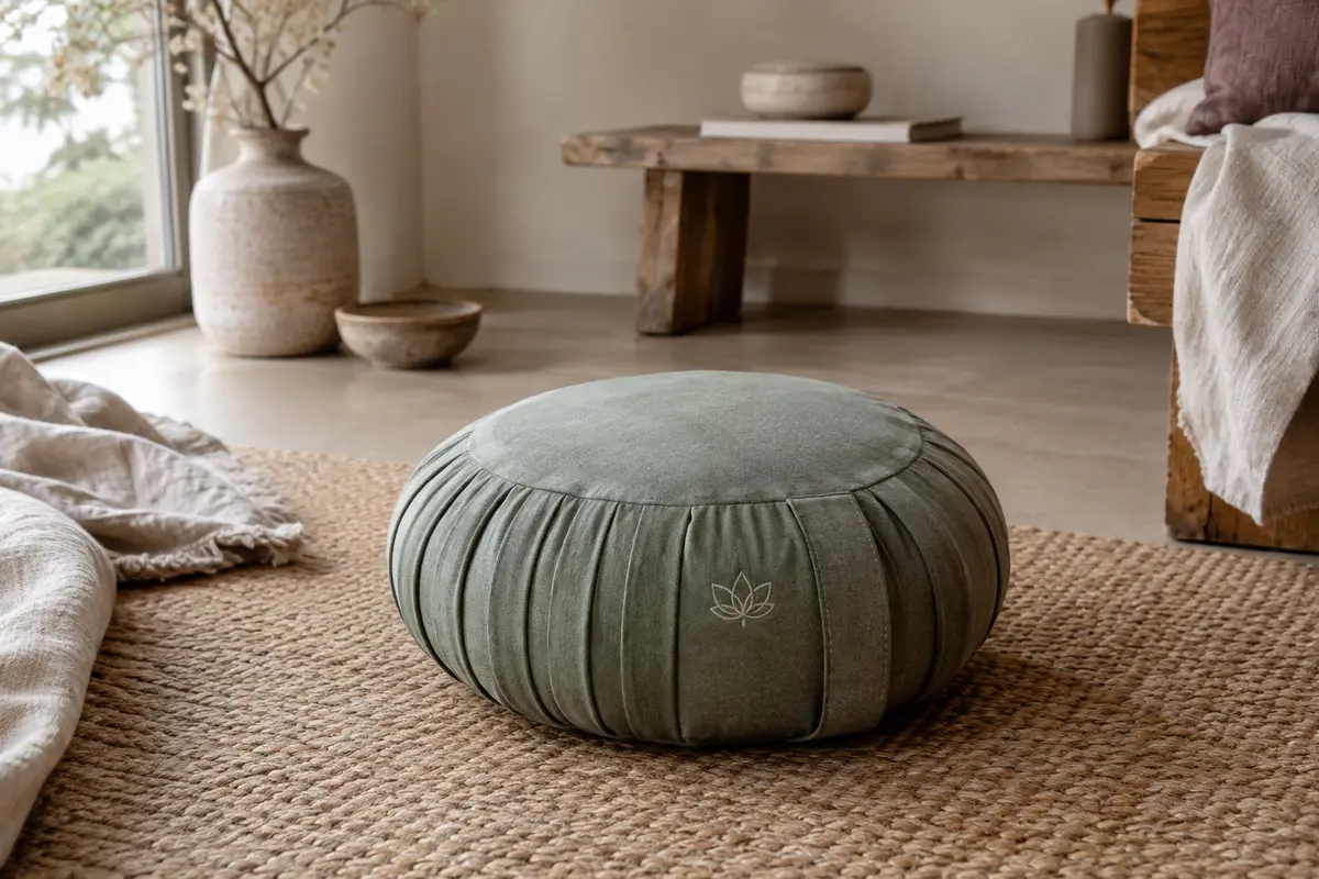 Coussin de méditation zafu rond vert sauge en coton plissé, avec poignée et broderie feuille de lotus