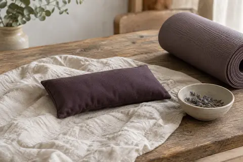 Coussin pour les yeux aubergine en coton posé sur du lin froissé près d’un tapis de yoga