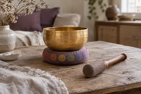 Bol chantant artisanal doré posé sur un coussin brodé, avec son maillet en bois à proximité