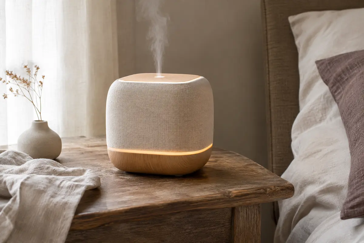 Diffuseur d’arômes compact avec housse en tissu, posé sur une table de chevet en bois dans une lumière douce.