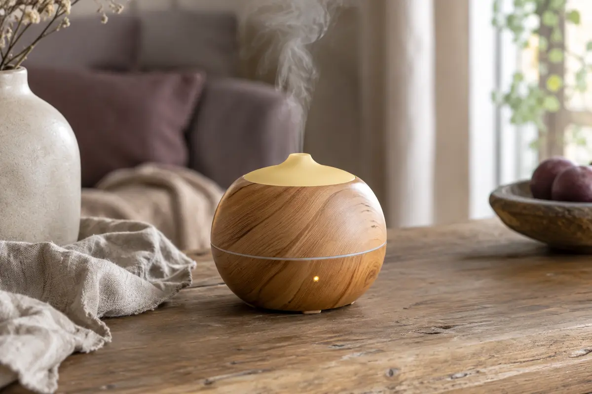 Diffuseur d’arômes jaune à motif imitation bois posé sur une table près d’un linge en lin.