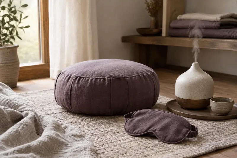 Coussin, masque de relaxation et diffuseur d’arômes disposés dans un espace de détente.