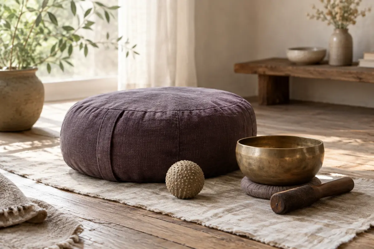 Coussin de méditation, balle de massage et bol chantant réunis dans un coin de pause à la maison.